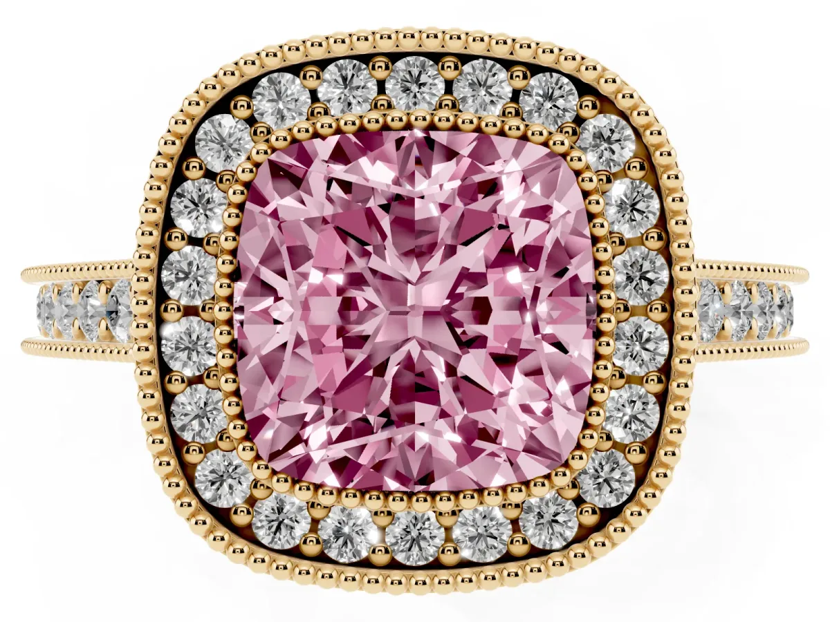 Fancy Pink Halo Cushion Cut-Cut Diamond Pave Band Milgrain Prong Setting Ring Yellow gold