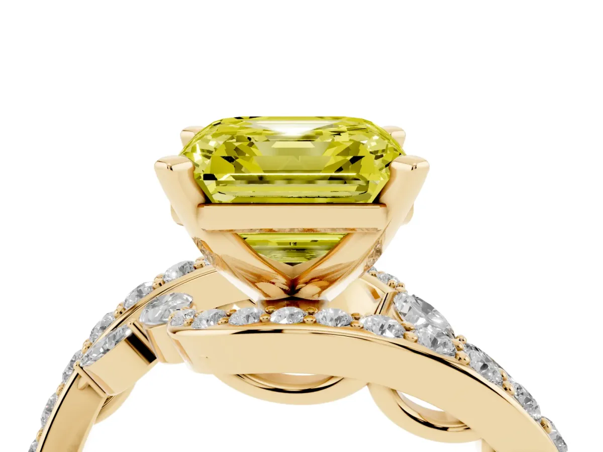 Fancy Yellow Asscher Cut Solitaire with Pavé Twist Band and Four-Prong Setting Yellow gold