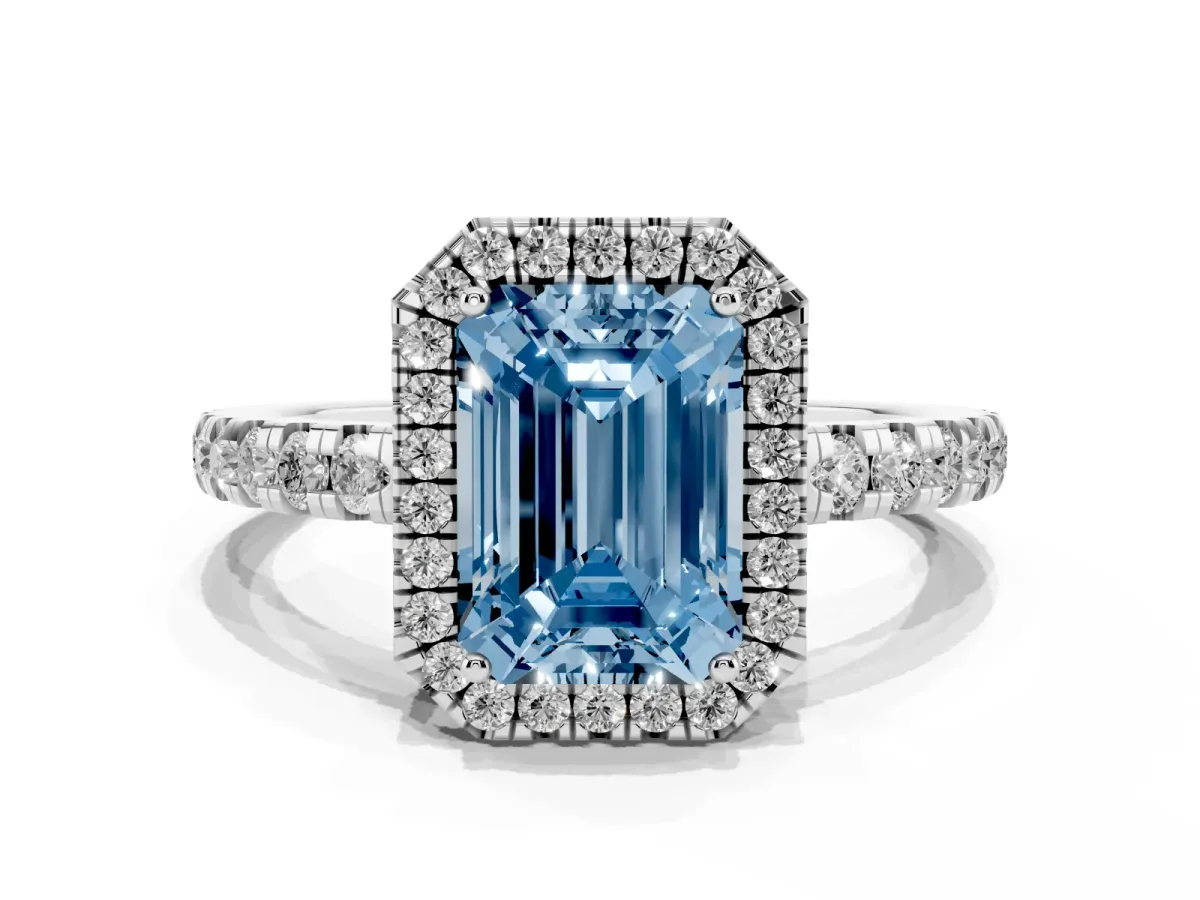 Fancy Blue Emerald Cut Diamond Halo Ring with Pavé Band and Four-Prong Setting White gold