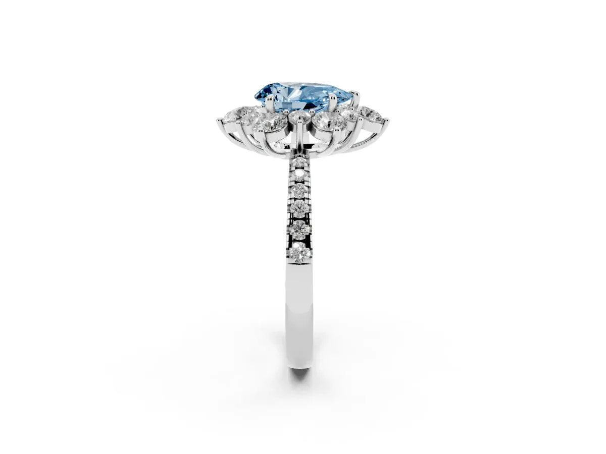 Fancy Blue Pear Cut Diamond Floral Halo Ring with Round Pavé Band and Prong Setting Platinum