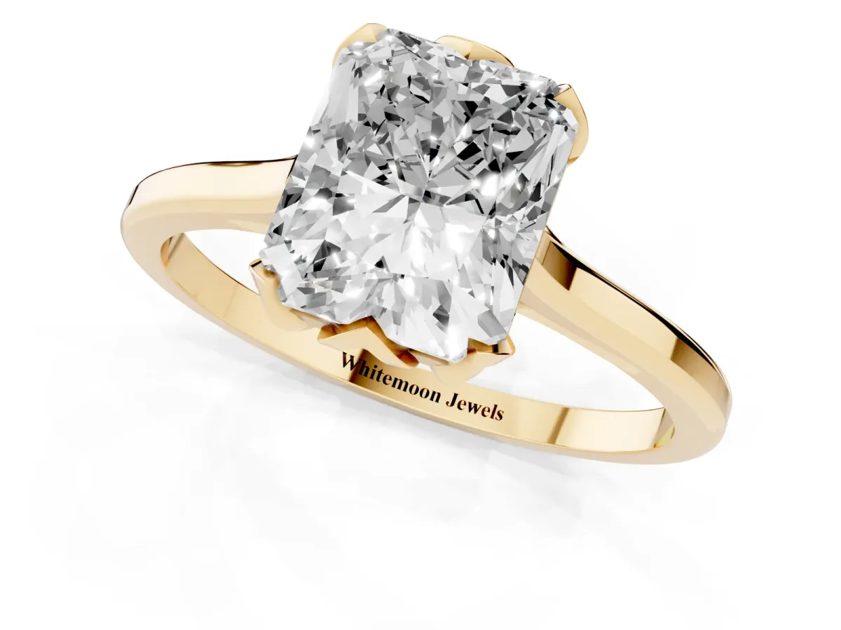 Radiant Cut Diamond Solitaire Ring with Flower Prong Setting and Classic Band Yellow gold