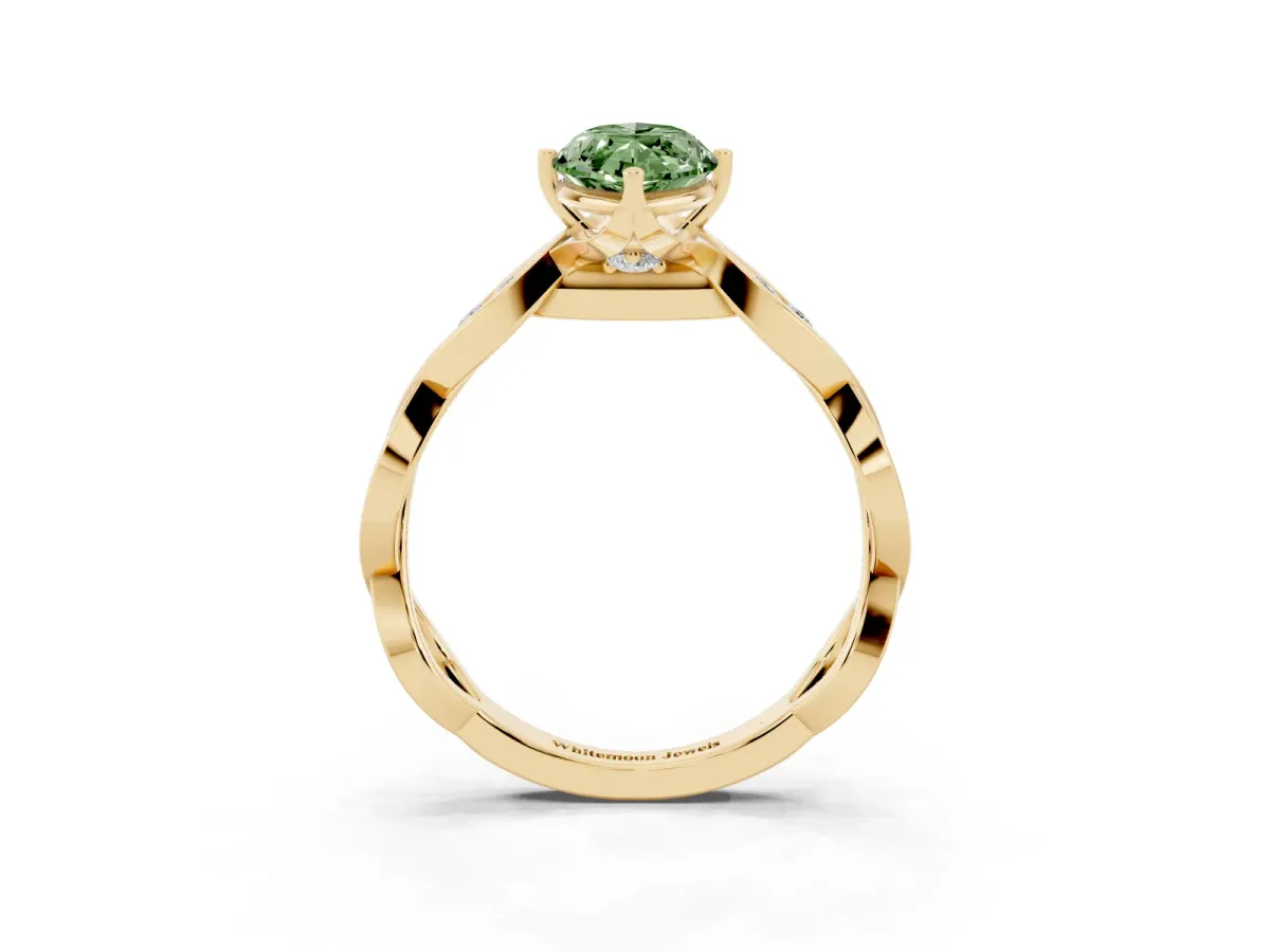 Fancy Green Marquise Cut Solitaire Twist Band with Leaf Prong Setting Yellow gold