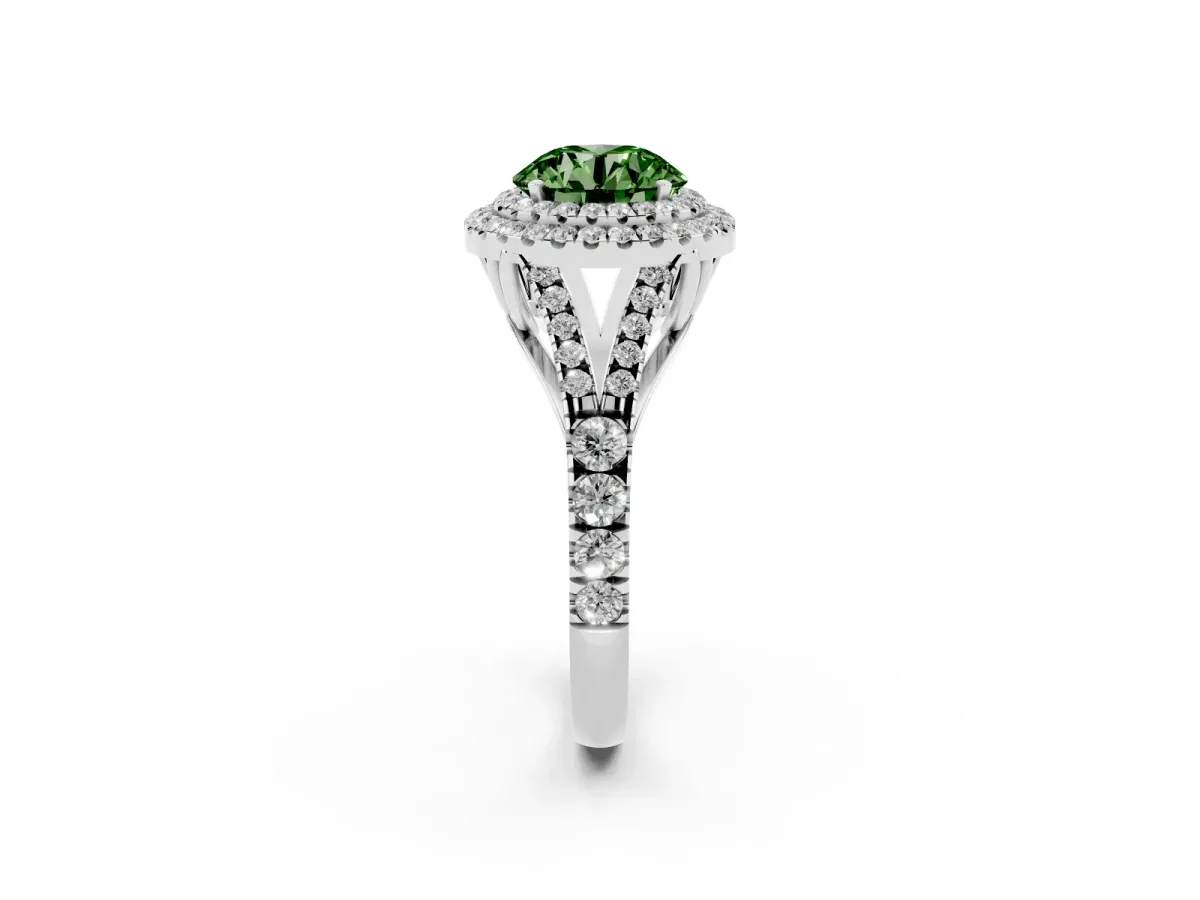 Fancy Green Round Cut Diamond Pavé Split Shank Double Halo Engagement Ring Platinum