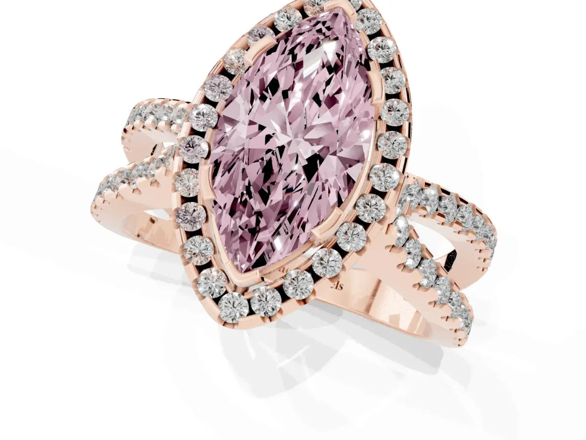 Fancy Pink Marquise Cut Diamond Halo Ring with Split Shank Pavé Band and Prong Setting Rose gold