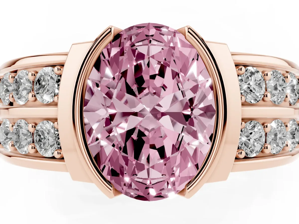 Fancy Pink Oval Cut Brilliant Diamond Channel Set Wide Band Ring with Bezel Setting Rose gold