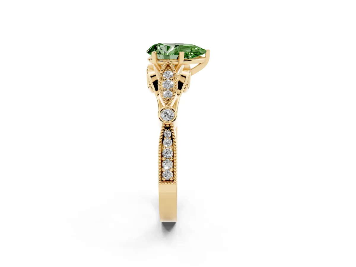 Fancy Green Pear Cut Cut Diamond with Milgrain Marquise and Bezel Accents on a Solitaire Band with Prong Setting Yellow gold