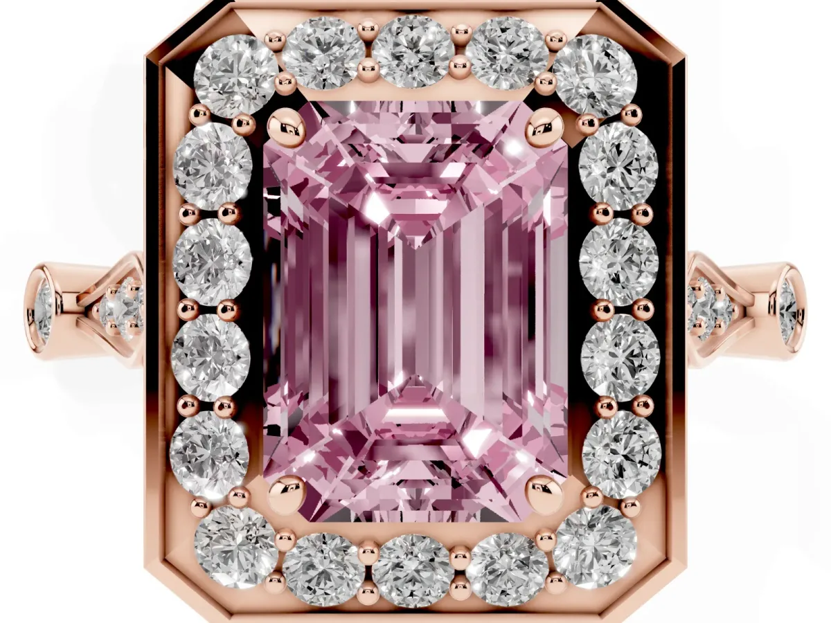 Fancy Pink Emerald Cut Halo Diamond Engagement Ring with Twisted Band and Four-Prong Setting Rose gold