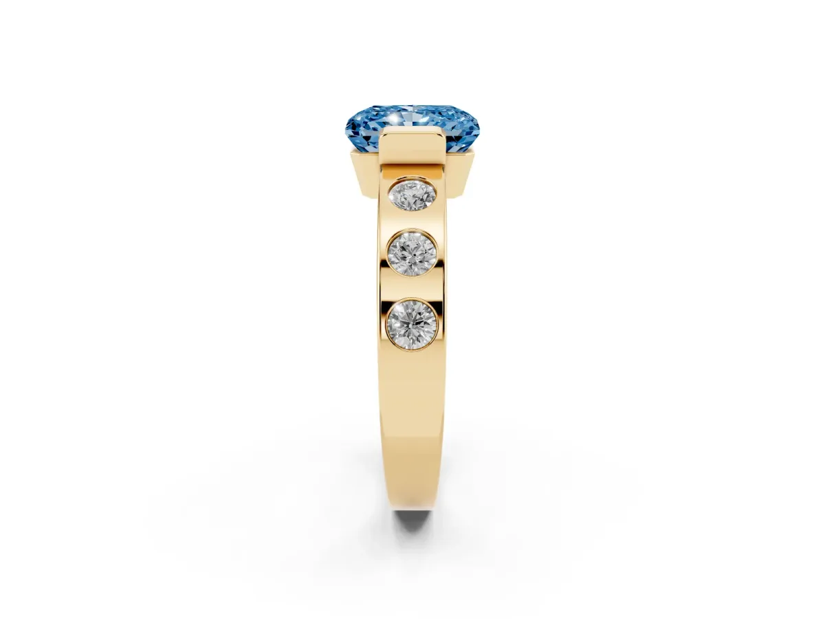 Fancy Blue Radiant Cut Brilliant Channel-Set Diamond Ring with Bezel Prong Setting Yellow gold