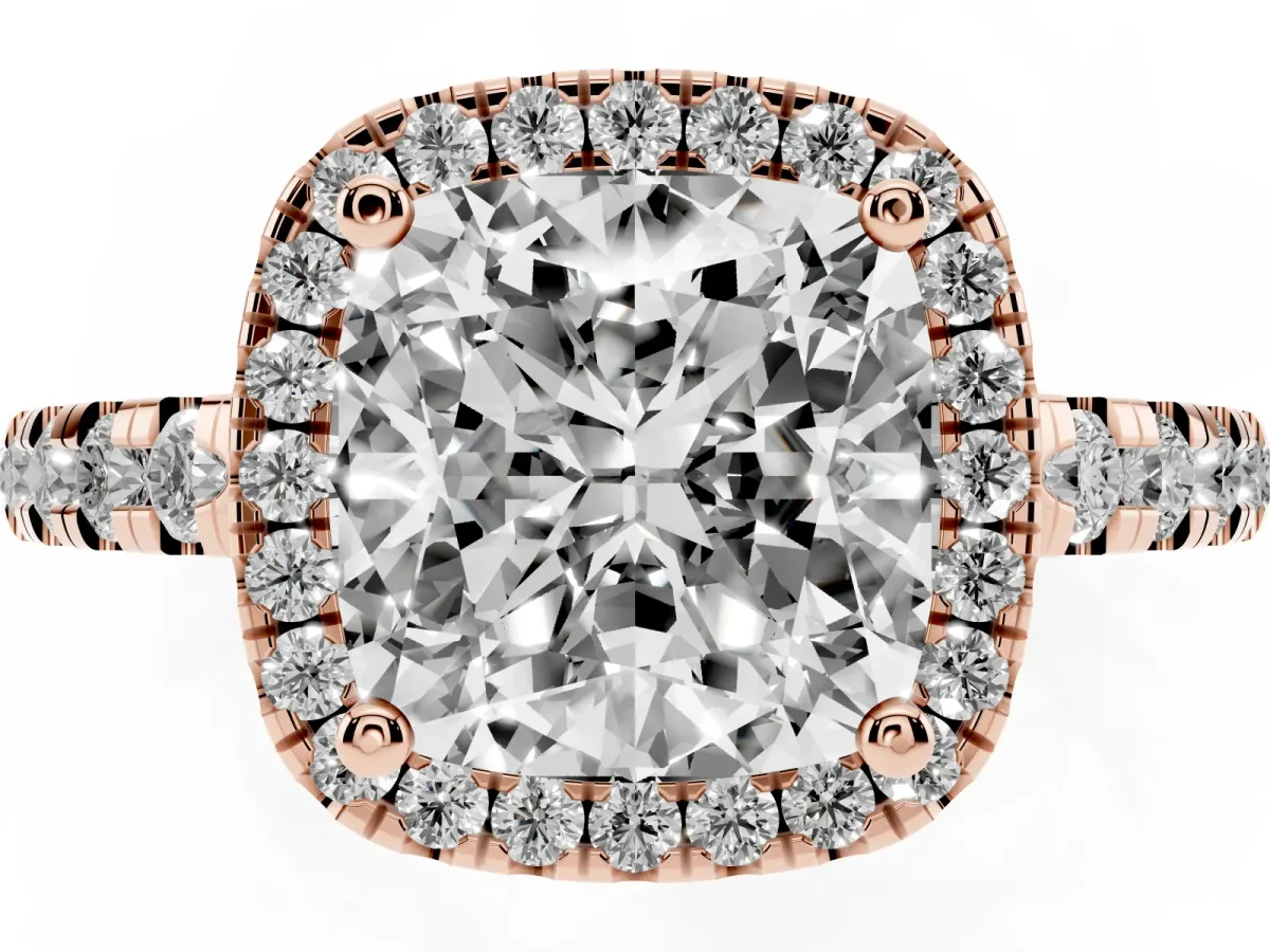 Cushion Cut Diamond Halo Ring with Pavé Band and Four-Prong Setting Rose gold