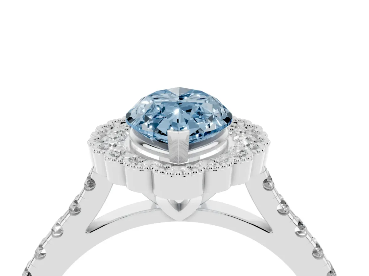 Fancy Blue Marquise Cut Cut Diamond Milgrain Floral Halo Engagement Ring with Pavé Band White gold