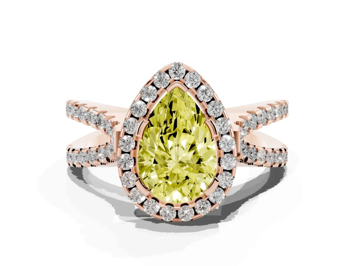 Fancy Yellow Pear Cut Diamond Halo Ring with Split Shank Pavé Band and Prong Setting Rose gold