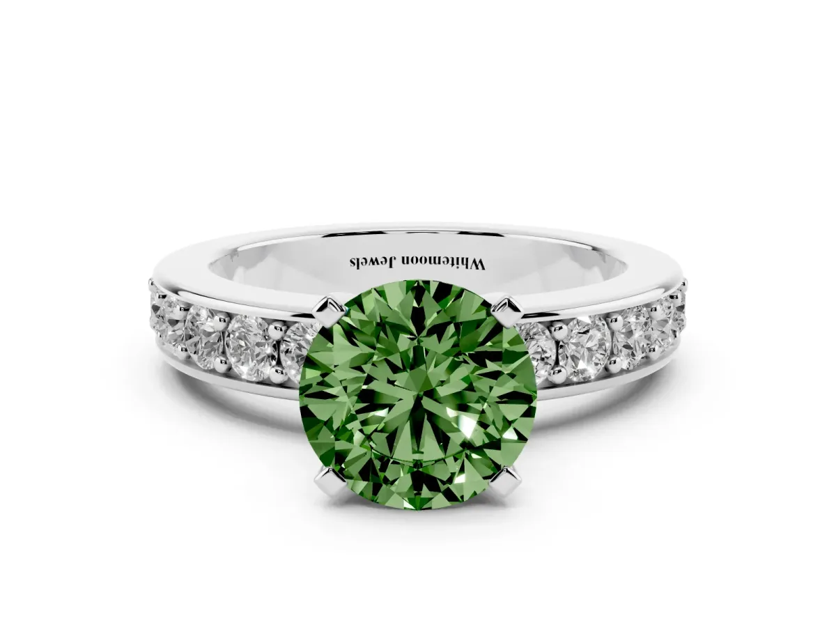 Fancy Green Round Cut Diamond Engagement Ring with Channel Set Round Band and Prong Setting Silver