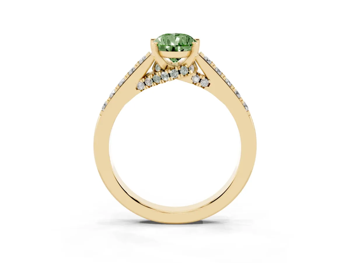 Fancy Green Pear Cut Diamond Solitaire Ring with Crossover Gallery and Round Pavé Band Yellow gold