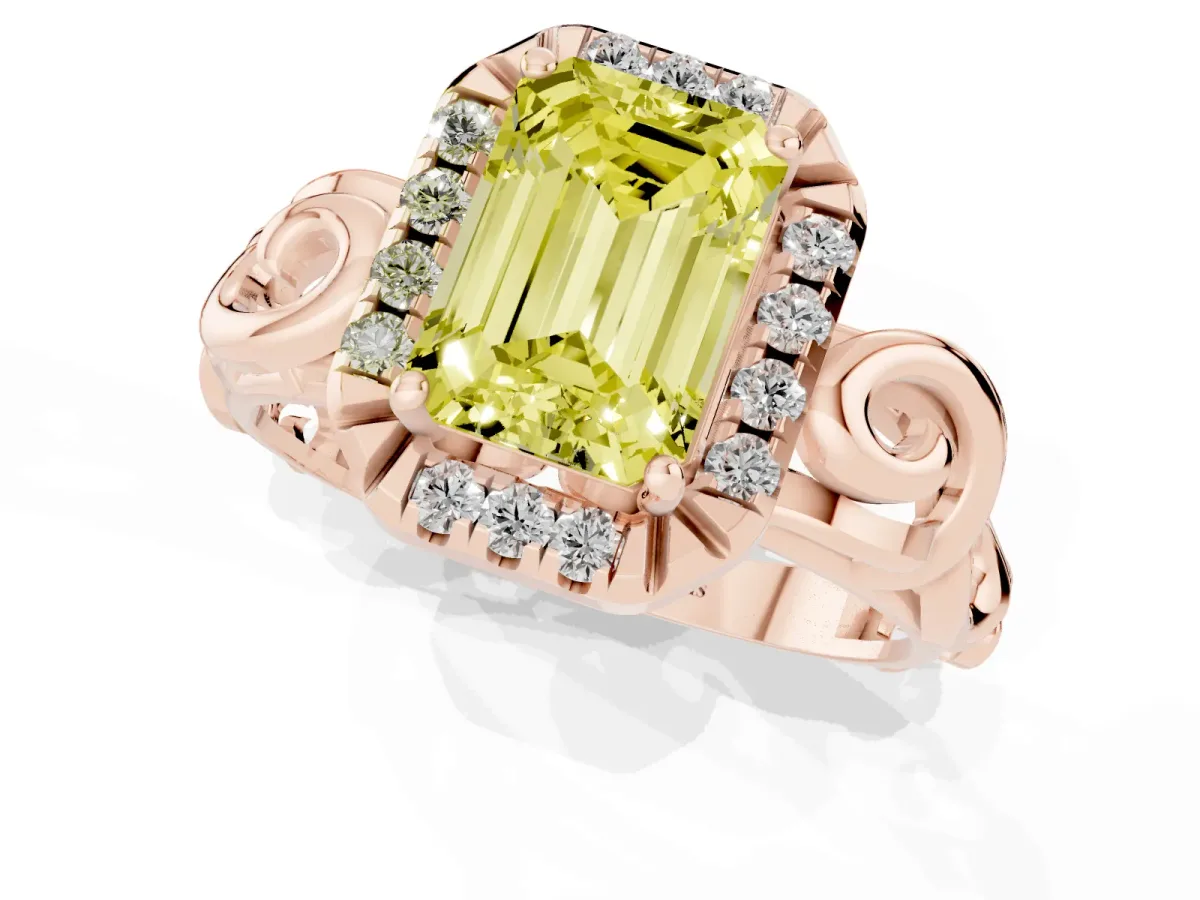 Fancy Yellow Emerald Cut Cut Halo Diamond Ring with Scrollwork Band and Four-Prong Setting Rose gold
