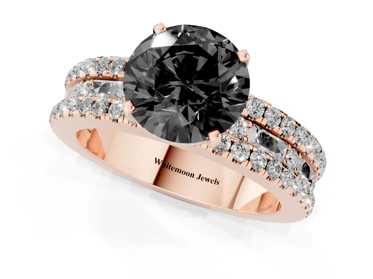 Fancy Black Round Cut Diamond Solitaire Ring with Pavé and Channel Set Band Rose gold