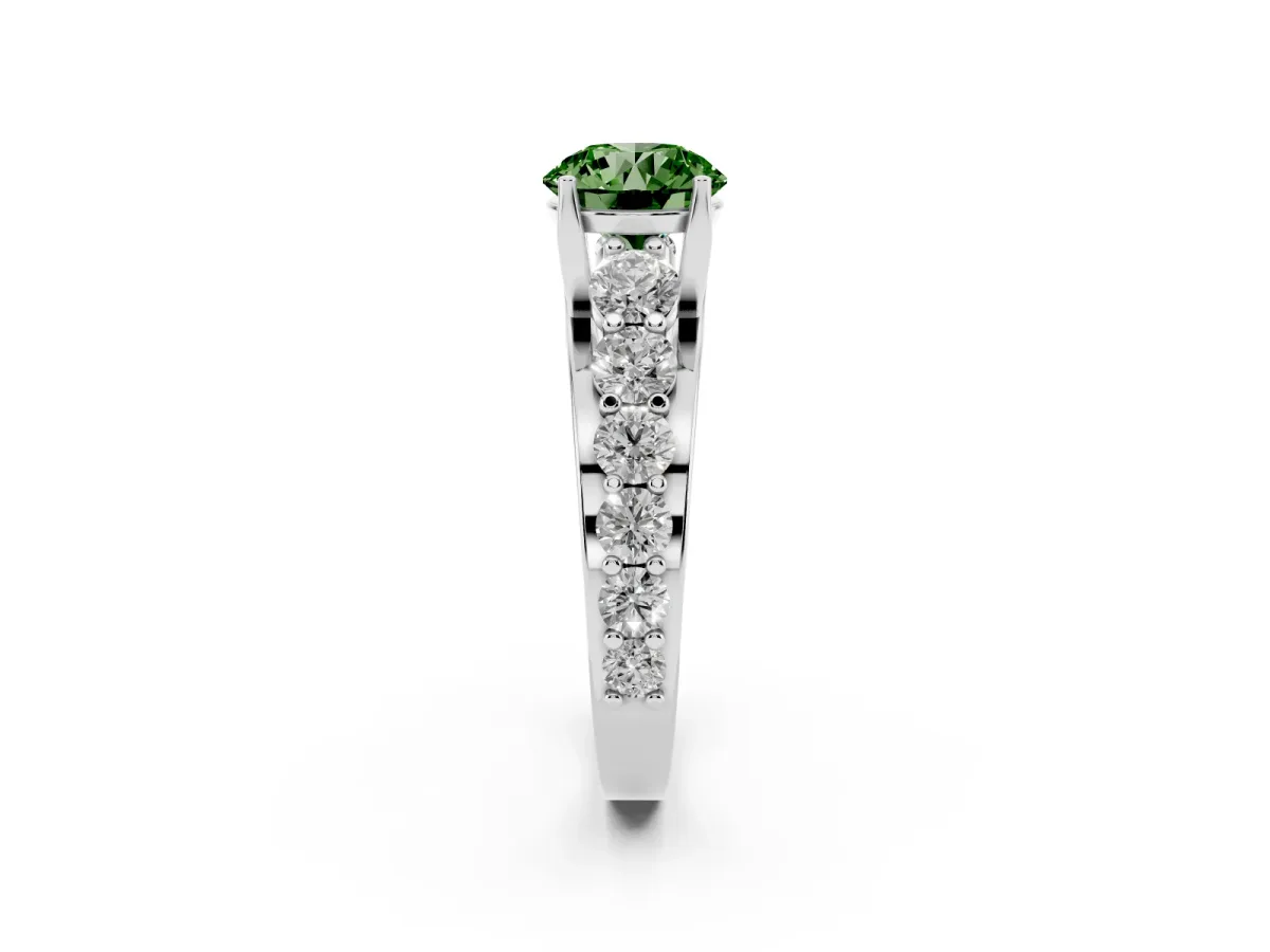 Fancy Green Round Cut Diamond Engagement Ring with Pavé Band and Four-Prong Setting Platinum