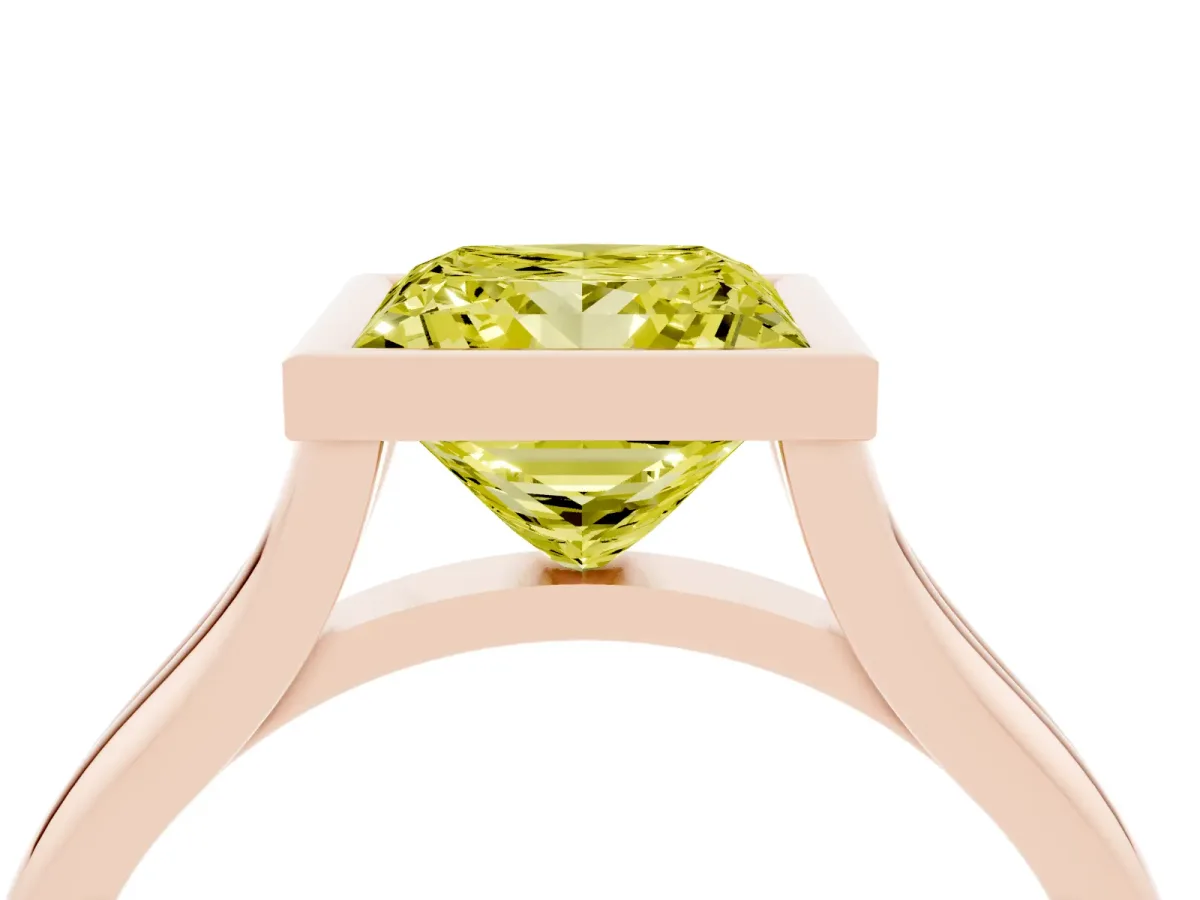 Fancy Yellow Bezel Set Princess Cut Cut Solitaire Ring with Tapered Band Rose gold