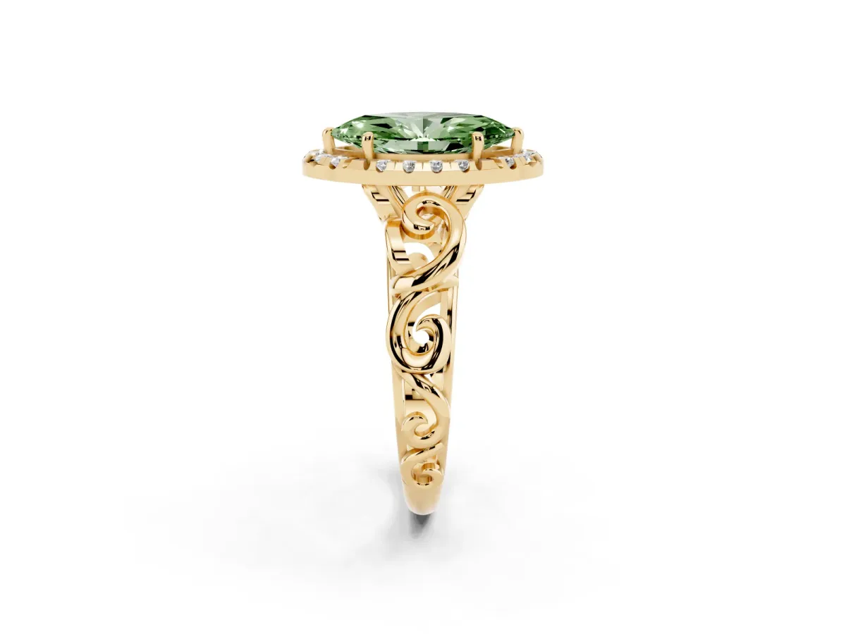 Fancy Green Marquise Cut Cut Halo Diamond Ring with Scrollwork Band and Four-Prong Setting Yellow gold