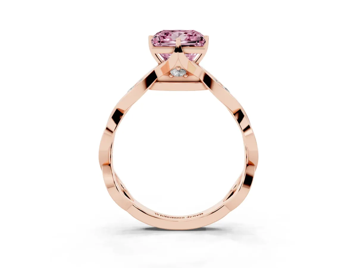 Fancy Pink Princess Cut Solitaire Twist Band with Leaf Prong Setting Rose gold
