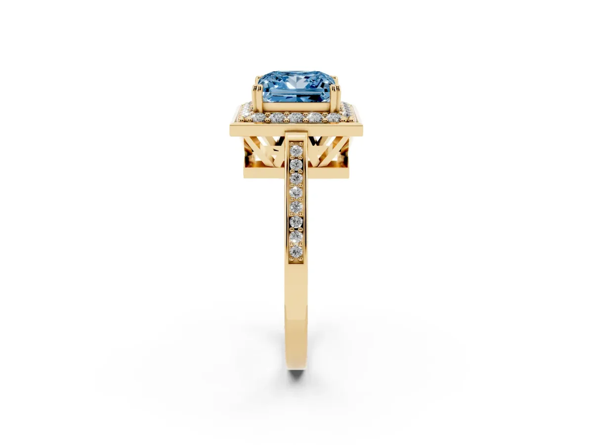 Fancy Blue Princess Cut Diamond Halo Ring with Split Shank and Four-Prong Setting Yellow gold
