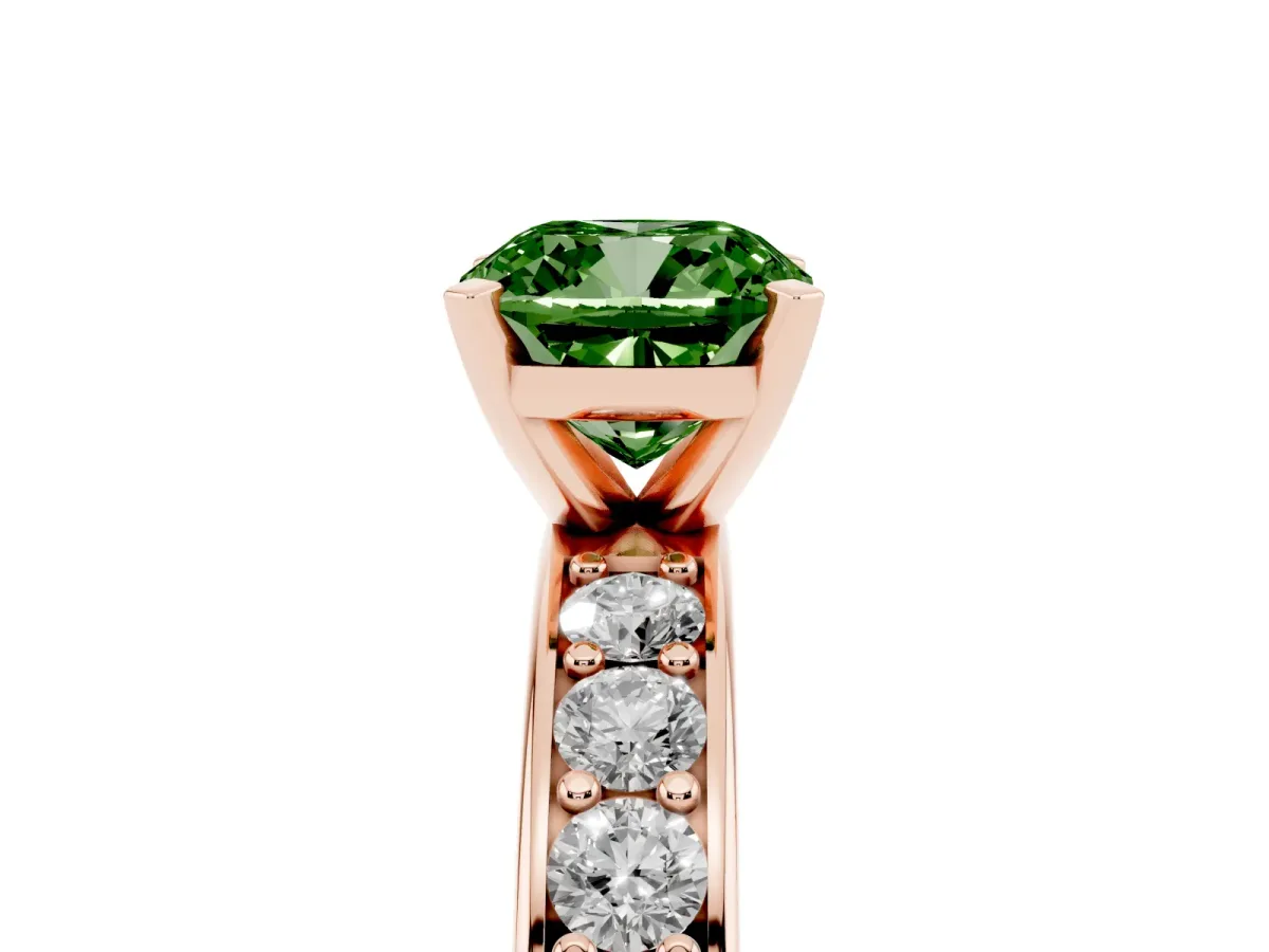 Fancy Green Cushion Cut Diamond Engagement Ring with Channel Set Round Band and Prong Setting Rose gold