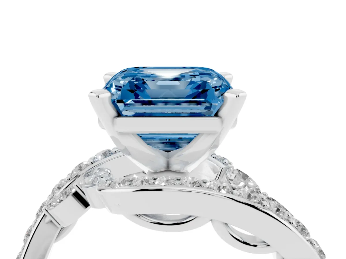 Fancy Blue Asscher Cut Solitaire with Pavé Twist Band and Four-Prong Setting Silver