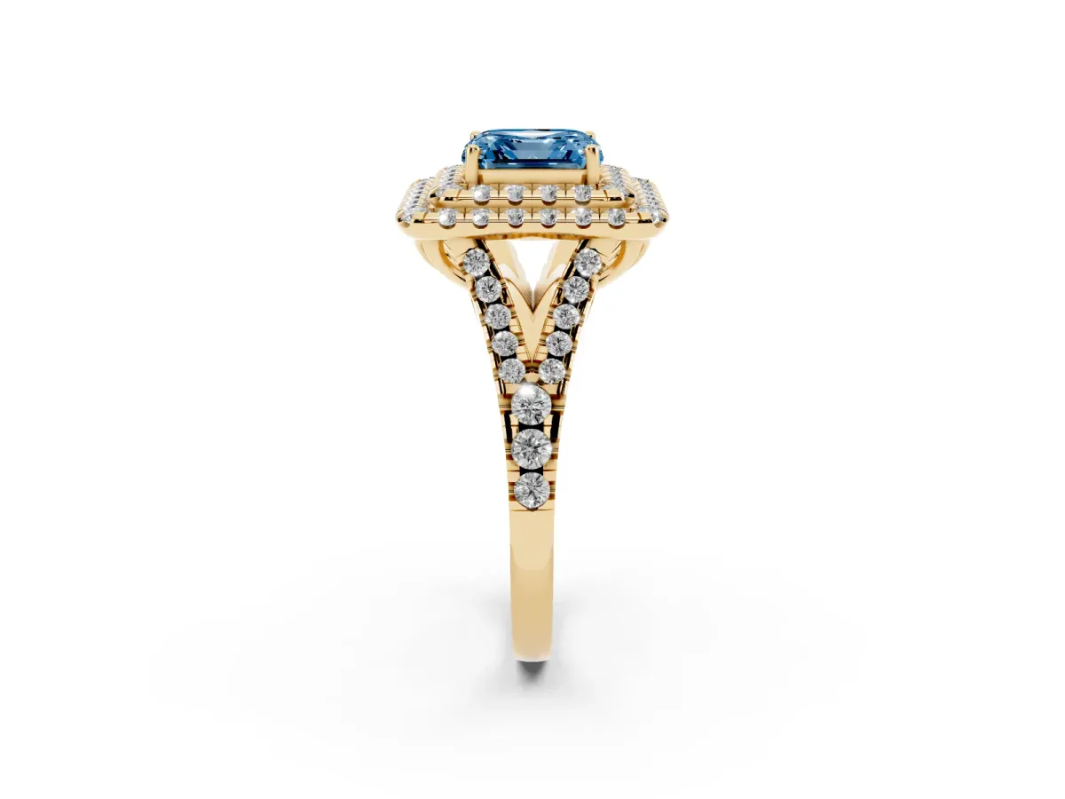 Fancy Blue Double Halo Asscher Cut Diamond Pavé Split Shank Ring with Prong Setting Yellow gold