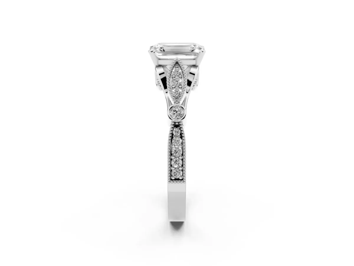 Emerald Cut Cut Diamond with Milgrain Marquise and Bezel Accents on a Solitaire Band with Prong Setting Silver