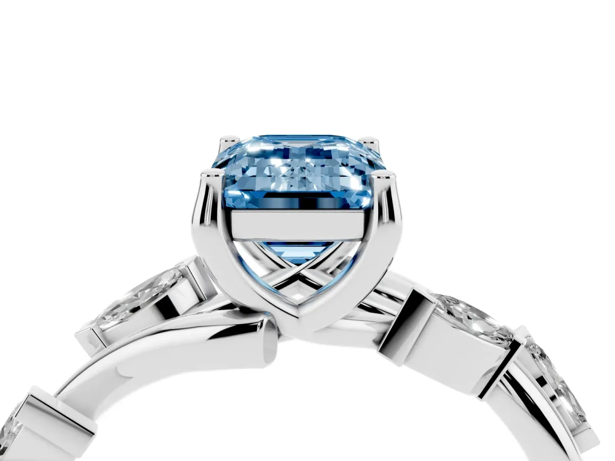 Fancy Blue Emerald Cut Solitaire Twisted Band Marquise Accent Prong Setting Ring Platinum