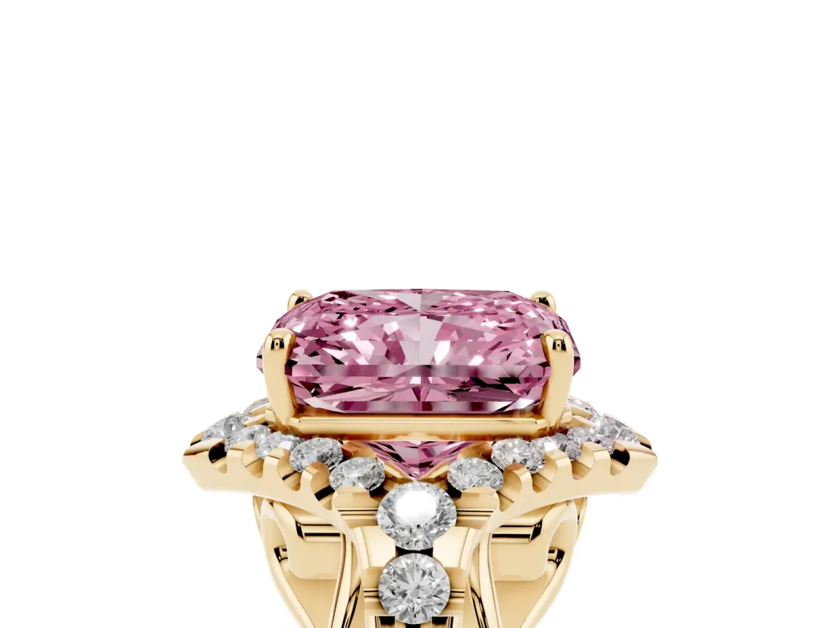Fancy Pink Radiant Cut Diamond Solitaire Ring with Hidden Halo and Pavé Band Yellow gold