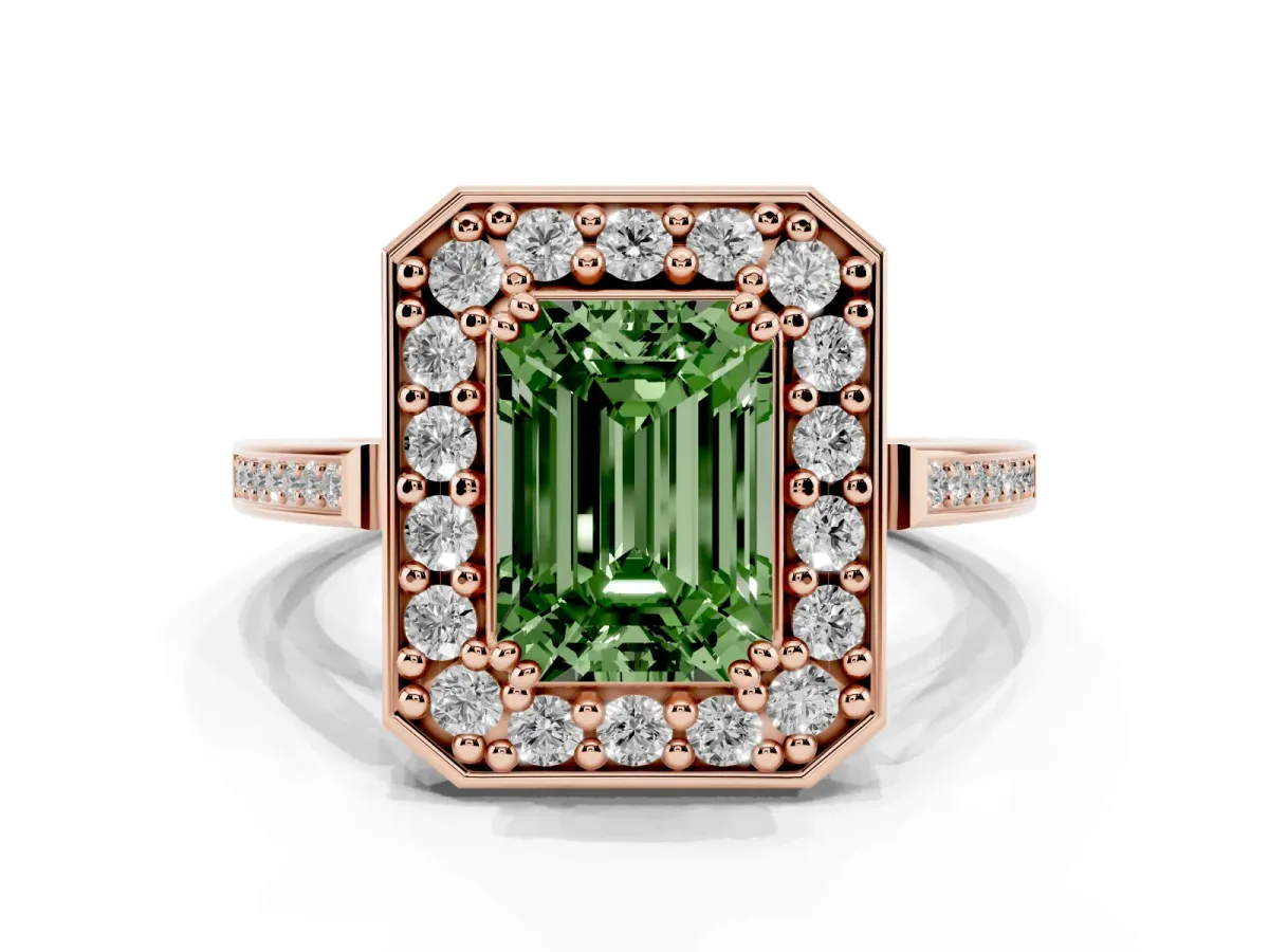Fancy Green Emerald Cut Diamond Halo Ring with Split Shank and Four-Prong Setting Rose gold