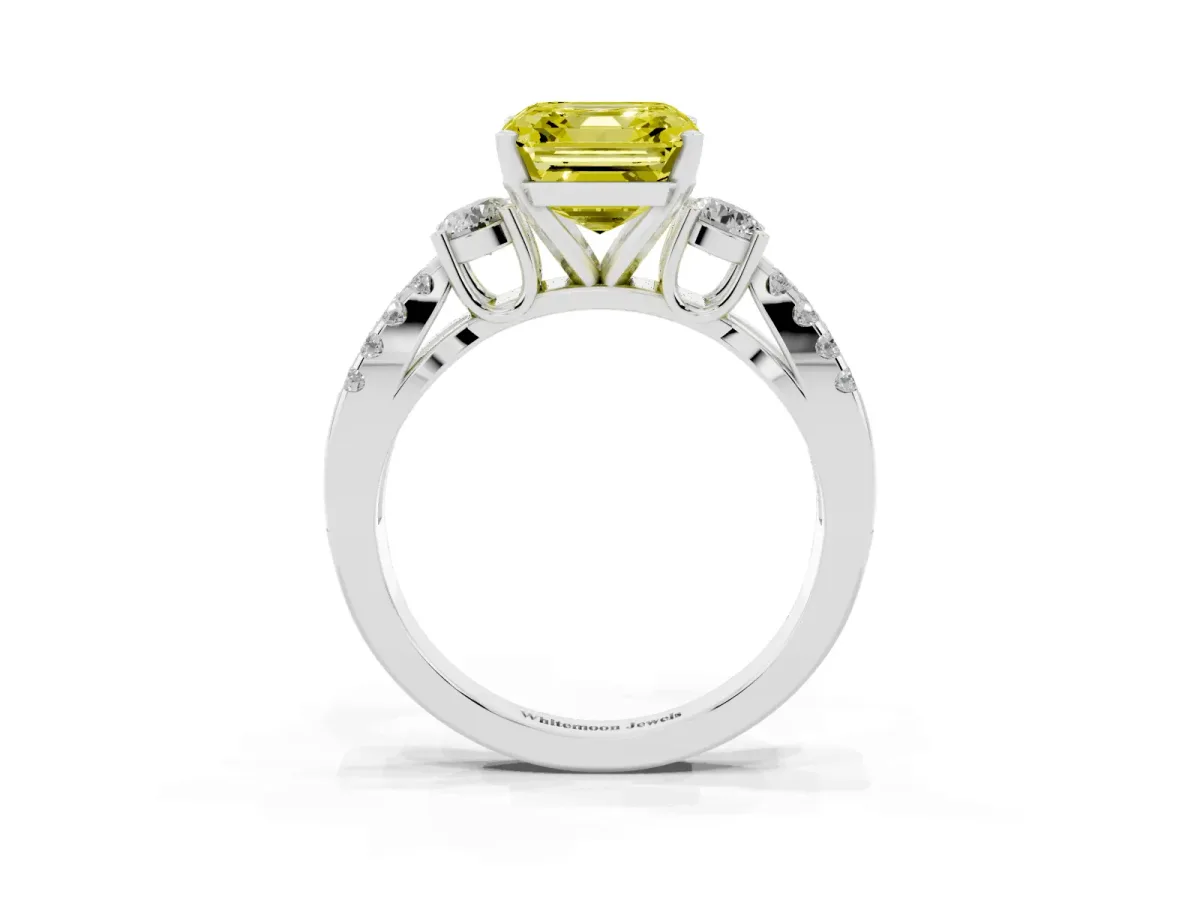 Fancy Yellow Asscher Cut Diamond Three-Stone Ring with Pavé Split Shank and Four-Prong Setting Silver
