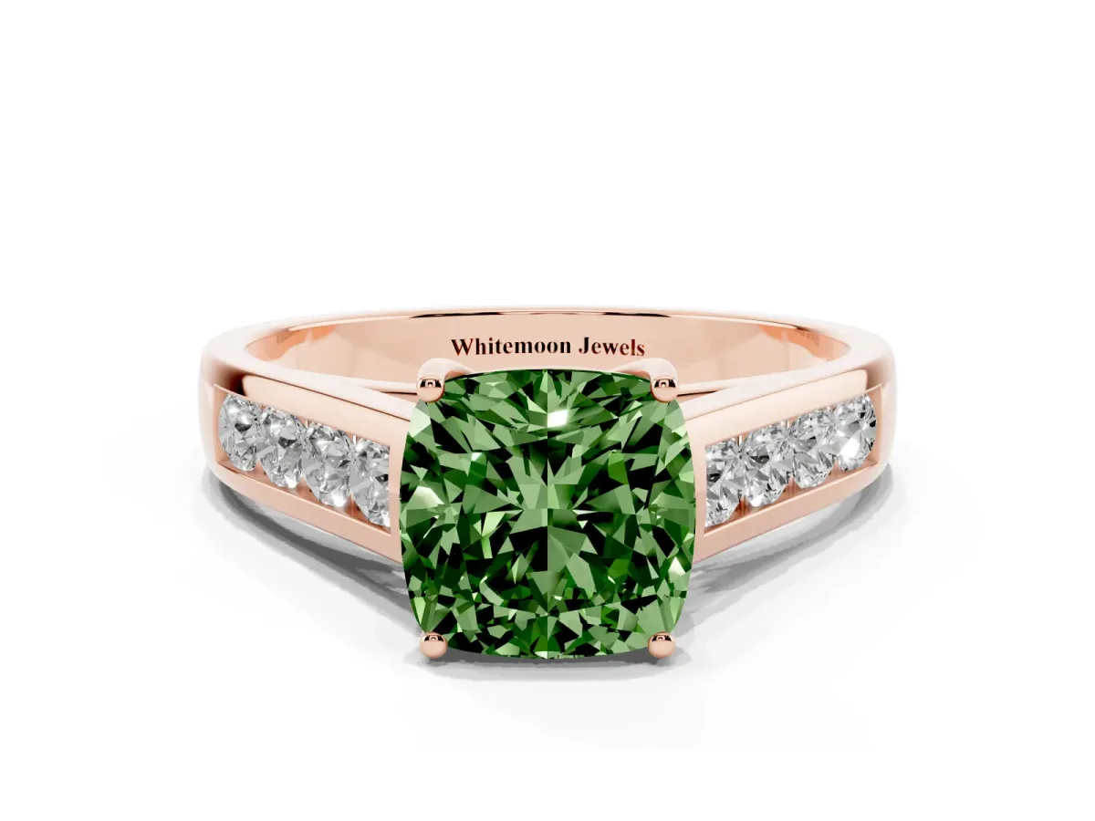 Fancy Green Cushion Cut Solitaire Channel-Set Diamond Engagement Ring with Four-Prong Setting Rose gold