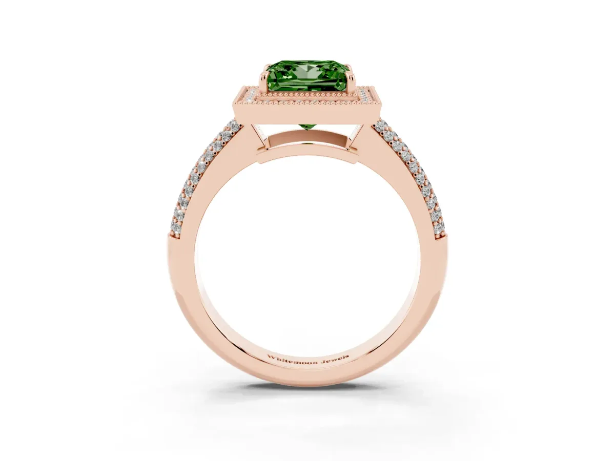 Fancy Green Princess Cut Cut Halo Diamond Pave Band with Four-Prong Setting Rose gold