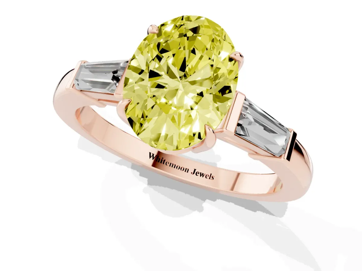 Fancy Yellow Oval Cut Diamond Three-Stone Ring with Tapered Baguette Side Stones and Prong Setting Rose gold