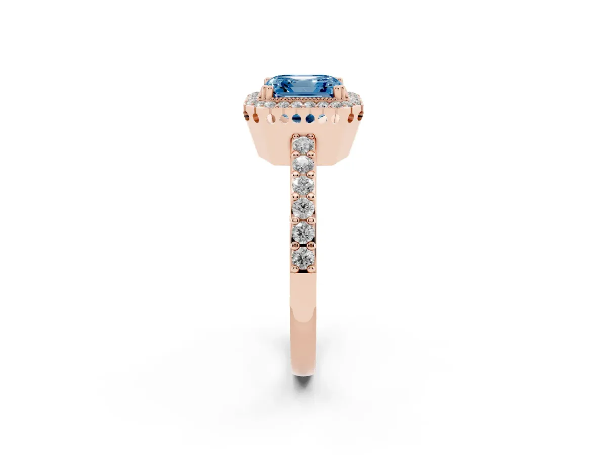 Fancy Blue Asscher Cut Cut Diamond Halo Engagement Ring with Milgrain Detail and Pavé Band Rose gold