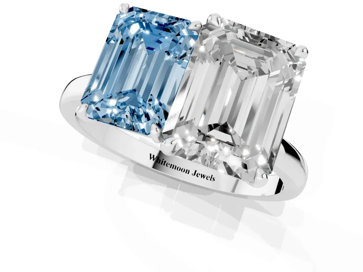 Fancy Blue Emerald Cut and Emerald Cut Toi Moi Ring with Prong Setting Silver
