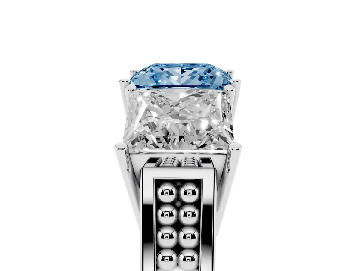 Fancy Blue Princess Cut Diamond Three-Stone Ring with Prong Setting and Textured Band Silver