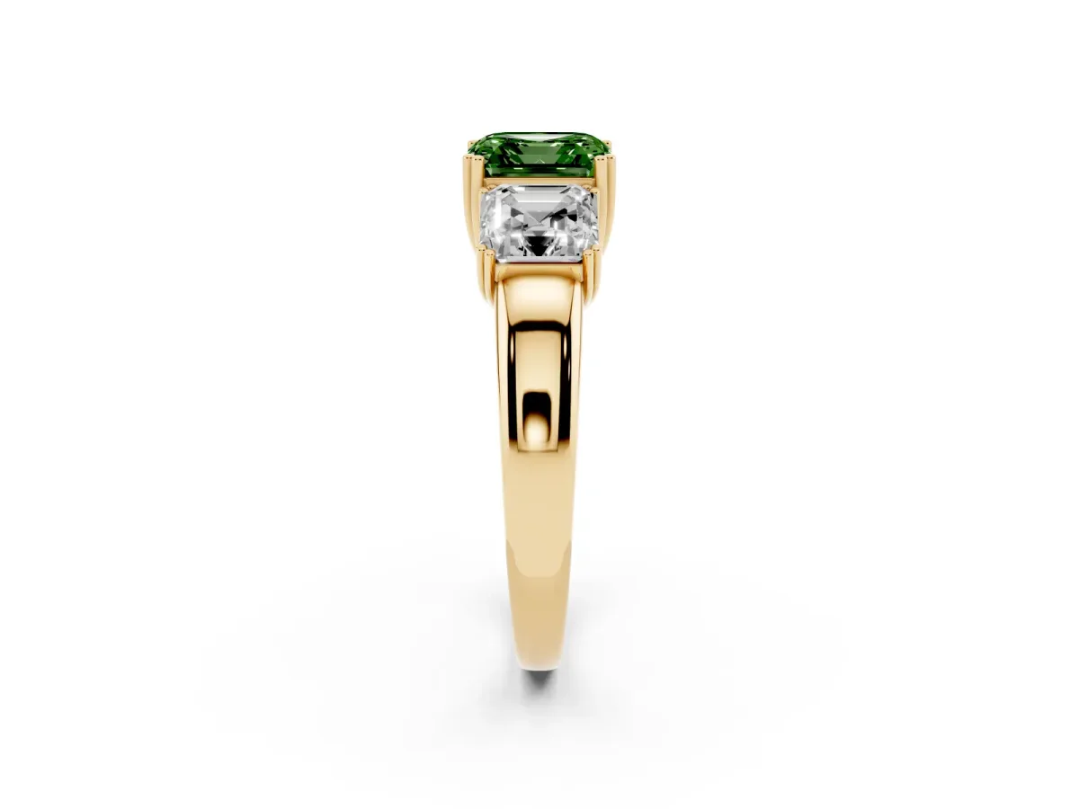Fancy Green Three-Stone Asscher Cut Cut Diamond Ring with Channel Set Band and Four-Prong Setting Yellow gold