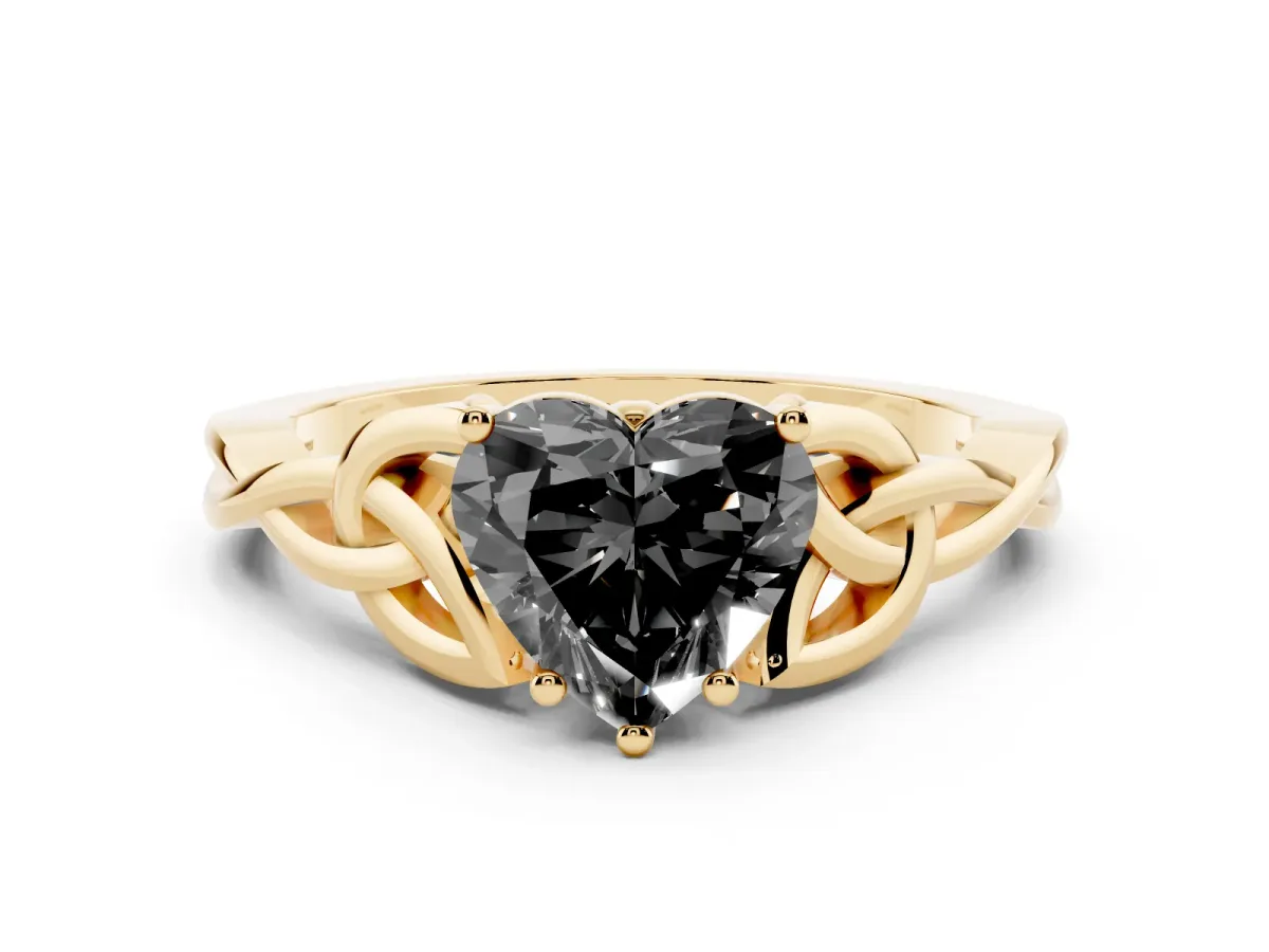 Fancy Black Heart Cut Diamond Solitaire Engagement Ring with Celtic Knot Band and Four-Prong Setting Yellow gold