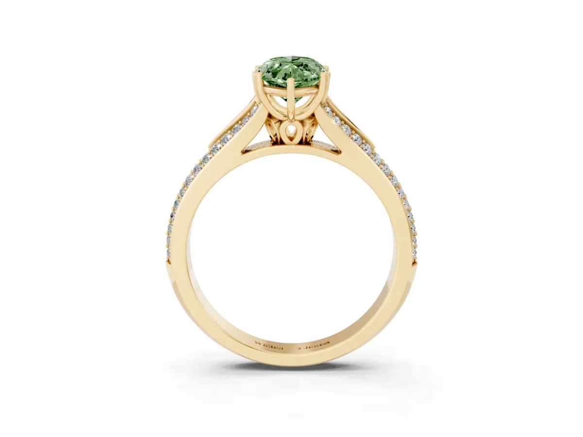 Fancy Green Marquise Cut Diamond Split Shank Engagement Ring with Pavé Band Yellow gold