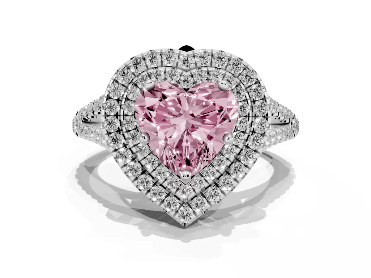 Fancy Pink Heart Cut Diamond Double Halo Ring with Pavé Band and Prong Setting Silver