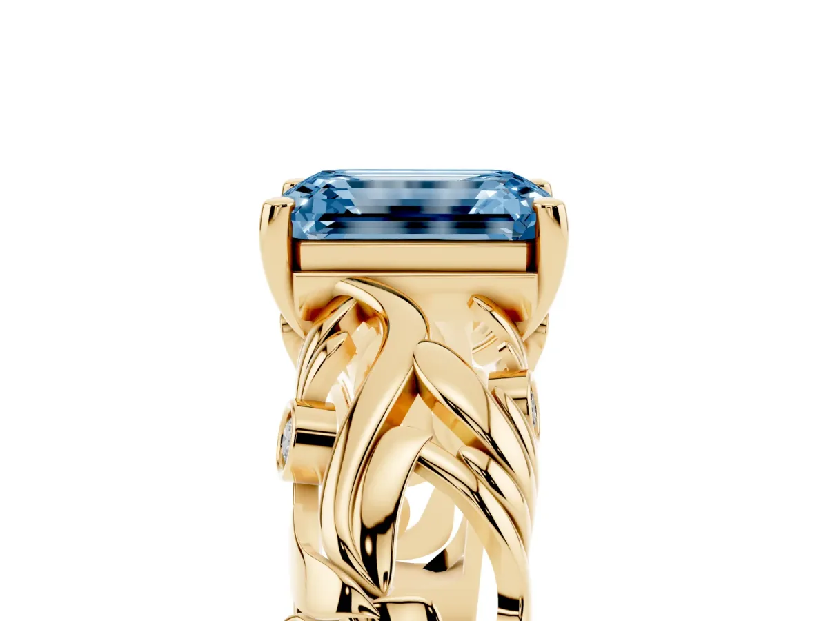 Fancy Blue Emerald Cut Solitaire Diamond Leaf-Inspired Vine Band Ring with Prong Setting Yellow gold