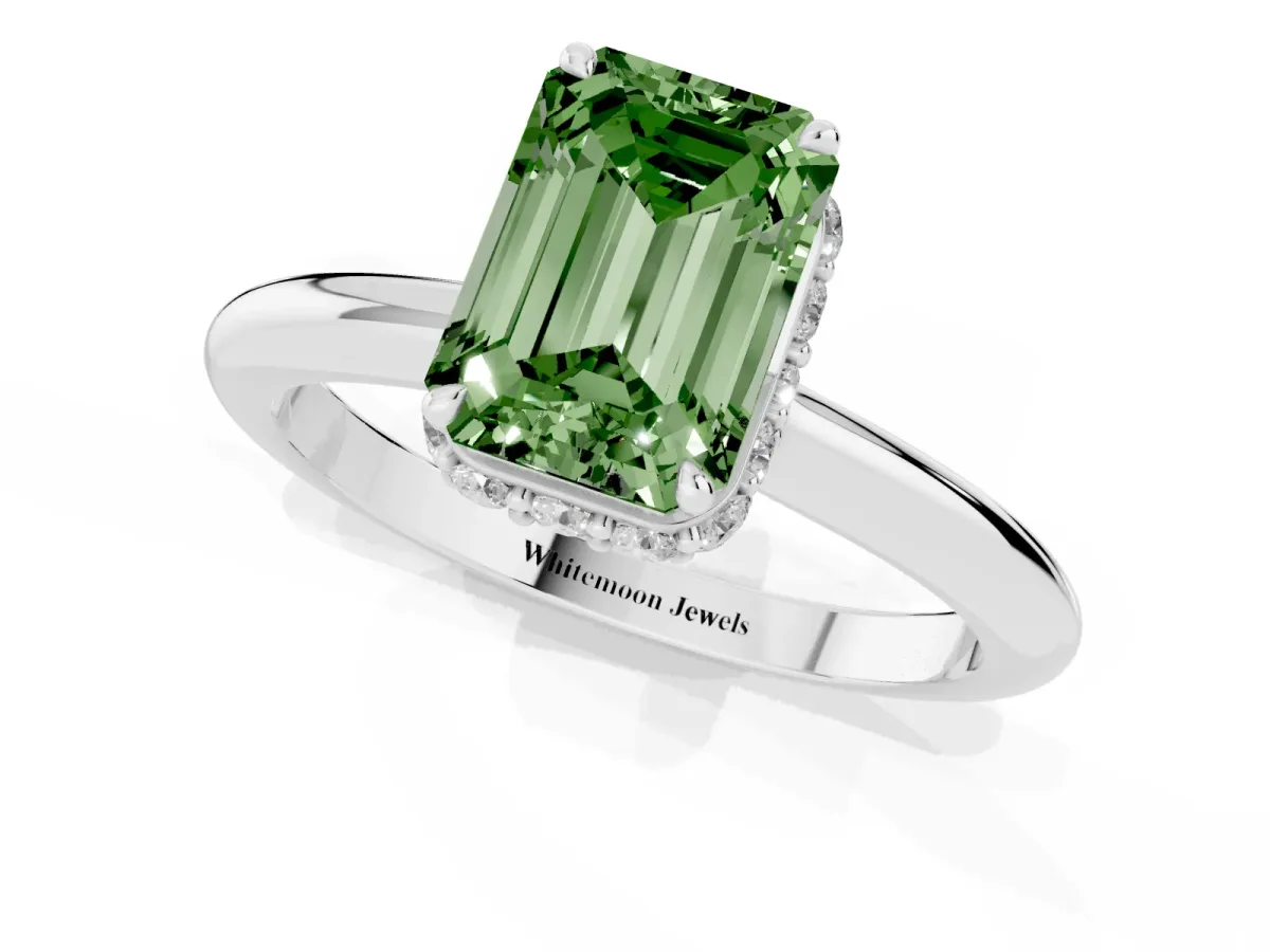 Fancy Green Emerald Cut Brilliant Solitaire Engagement Ring with Six-Prong Setting and Classic Band Silver