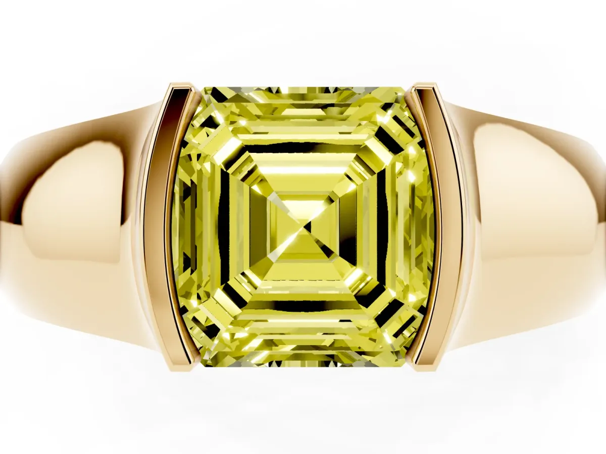 Fancy Yellow Asscher Cut Solitaire Bezel Set Diamond Ring with Wide Band Yellow gold