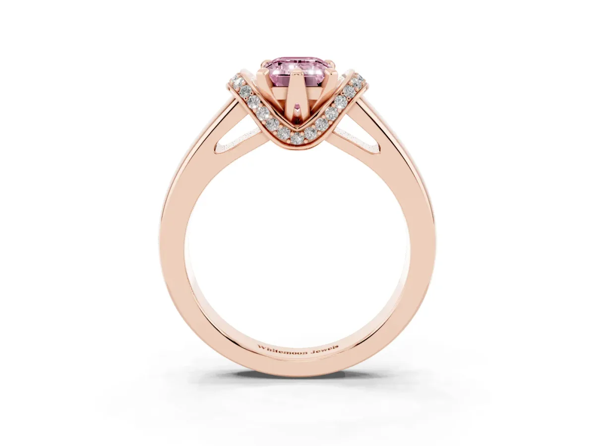 Fancy Pink Emerald Cut Solitaire Diamond Ring with Pave Band and Six-Prong Setting Rose gold
