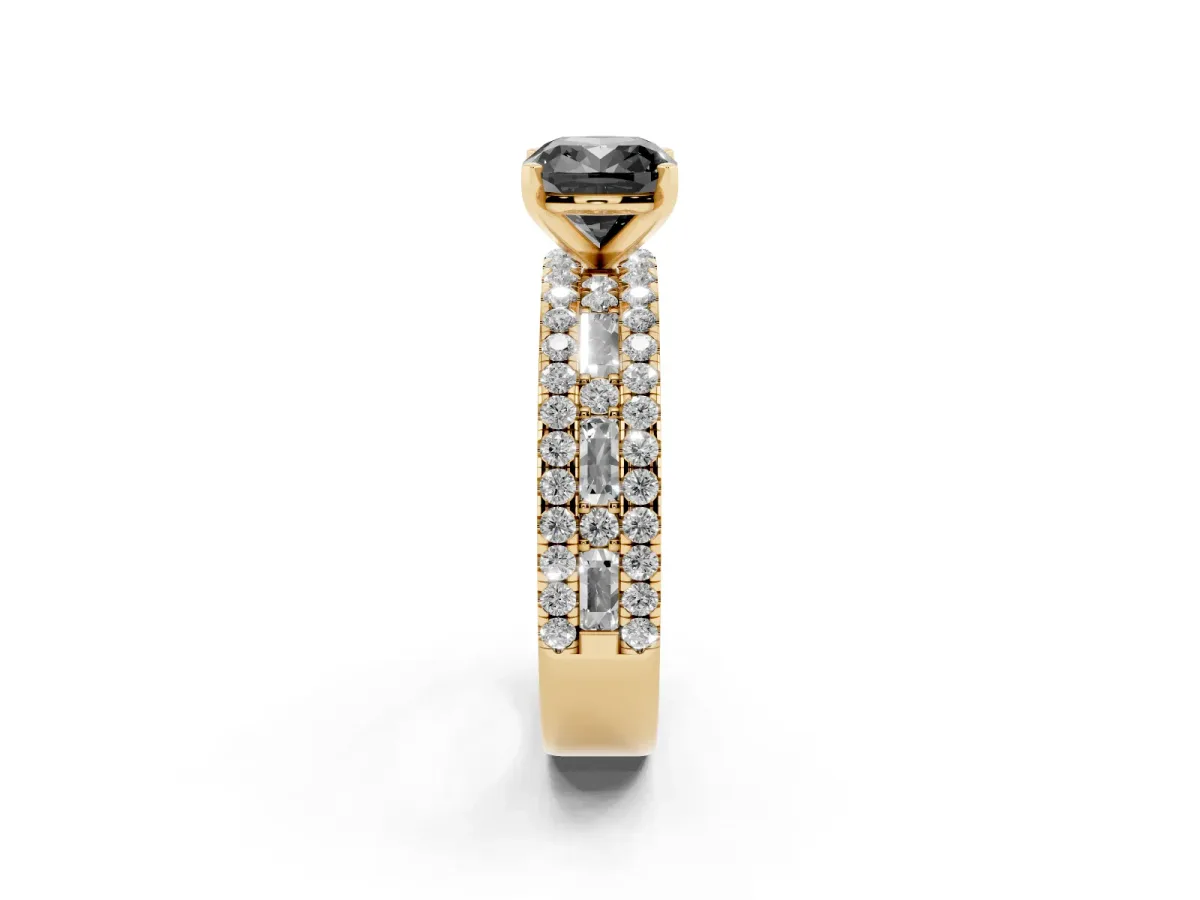 Fancy Black Cushion Cut Diamond Solitaire Ring with Pavé and Channel Set Band Yellow gold