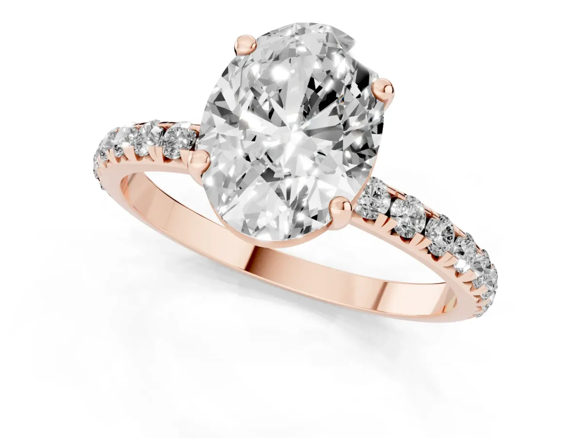 Oval Cut Cut Diamond Solitaire Ring with Micro Pave Band and Four Prong Setting Rose gold