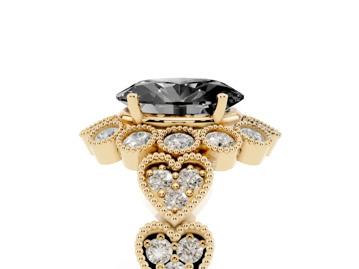 Fancy Black Oval Cut Brilliant Milgrain Pave Heart Band Solitaire Ring Yellow gold
