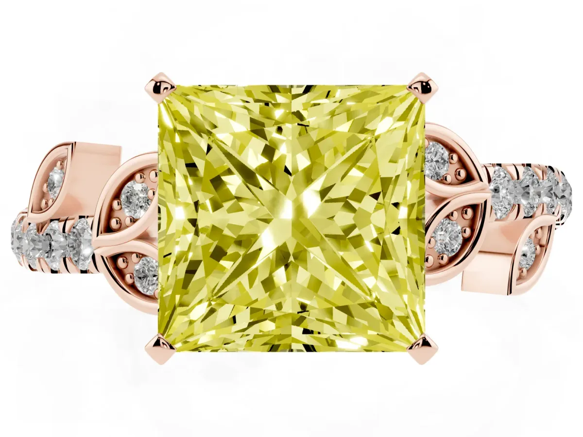 Fancy Yellow Princess Cut Solitaire Leaf-Inspired Diamond Ring with Pavé Band and Four-Prong Setting Rose gold